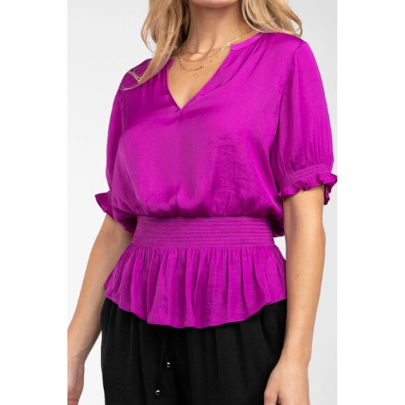 Naked Zebra Cora Peplum Blouse Womens S Mulberry Purple Smocked Short Sleeve NWT - Picture 1 of 10